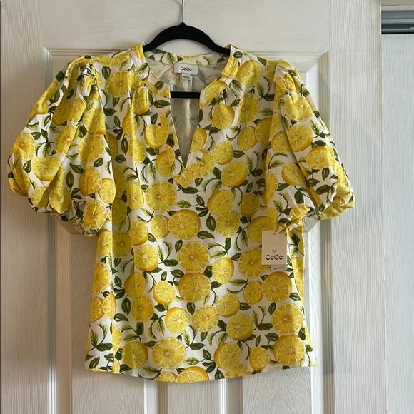 CeCe Lemon Print Puff Sleeve Blouse - Picture 1 of 4